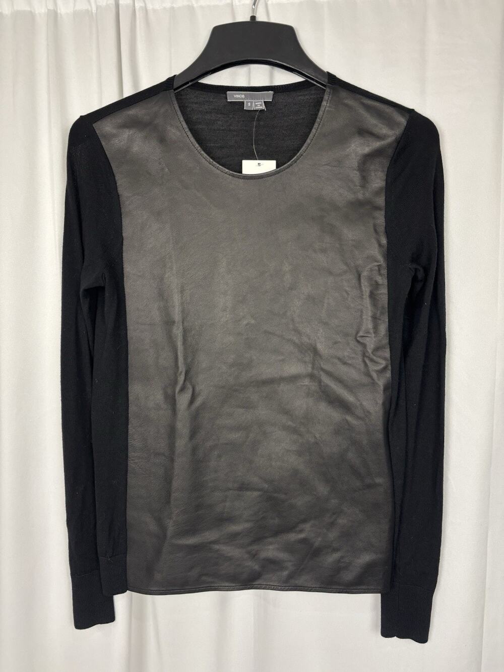 NWT VINCE Black Lamb Leather Lightweight Long Sleeve Crew Neck Wool Sweater S